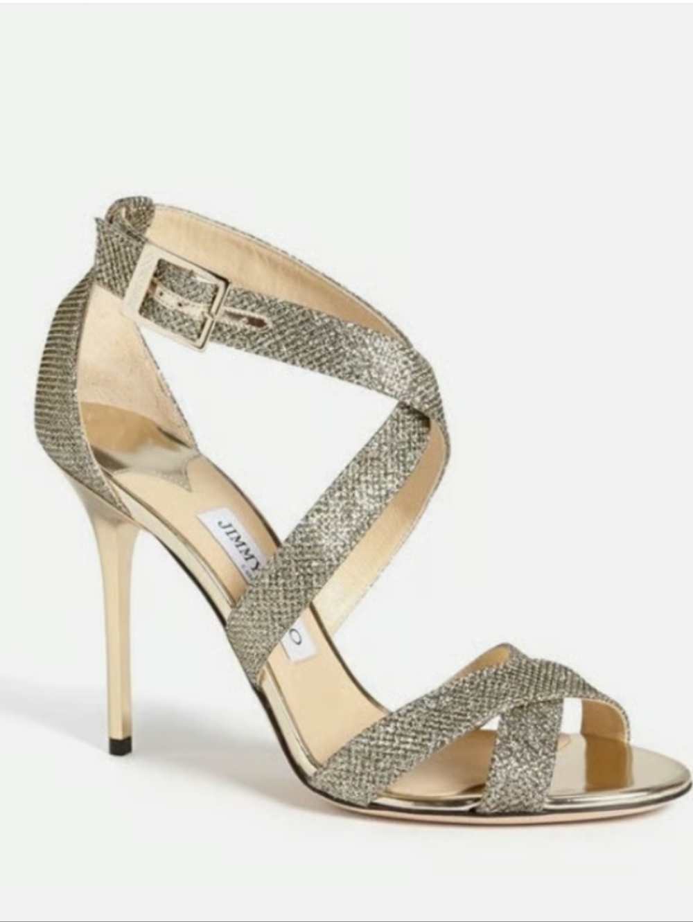 Jimmy Choo “Lottie” strappy stiletto Lamé Glitter Light Bronze 38.5